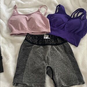 Gymshark Bundle  two sports bras small purple pink medium small gray shorts